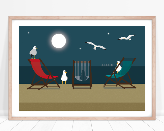 Deckchair Poster, Seaside Beach Print, Seagull Wall Art , Horizontal Print A3, Dark Blue Night Time Art