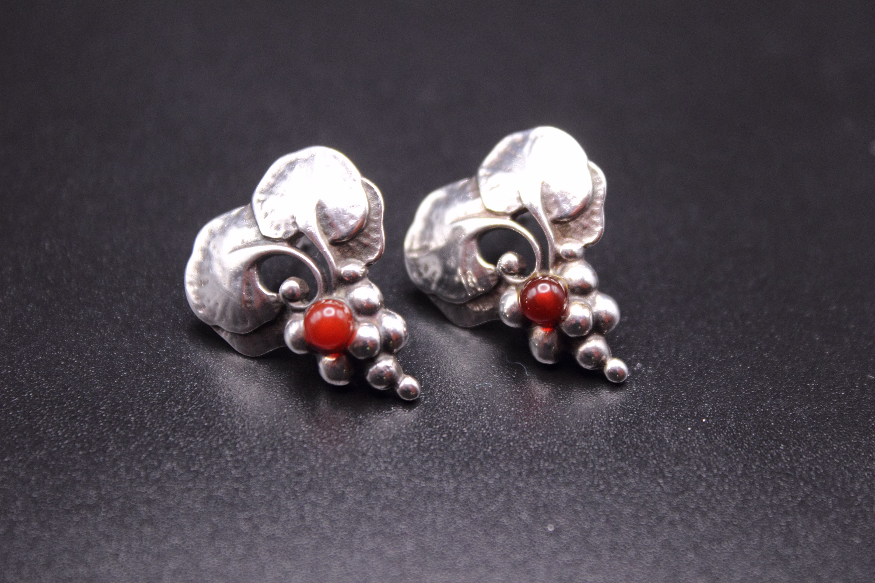 Georg Jensen Earrings By Harald Nielsen - Pair Of Danish Sterling Silver & Carnelian From The Heritage Collection Free Delivery