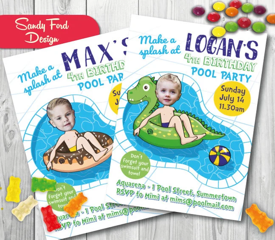 Boy's Pool Party Invitation - Personalized With Your Photo Digital File