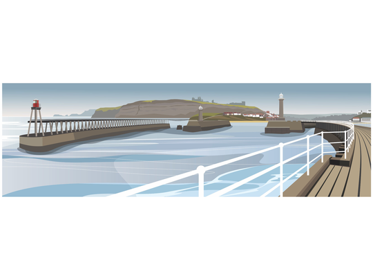 Panoramic - Whitby Harbour & Piers, Yorkshire, Coast, Landscape Print, Fine Art, Wall Limited Edition Signed Print By Ian Mitchell