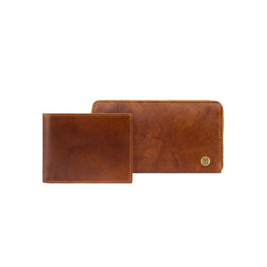 Personalized His & Hers Gift Set | Matching Wallet Purse With Monogram Initials in Brown Or Black Full Grain Leather By Mahi