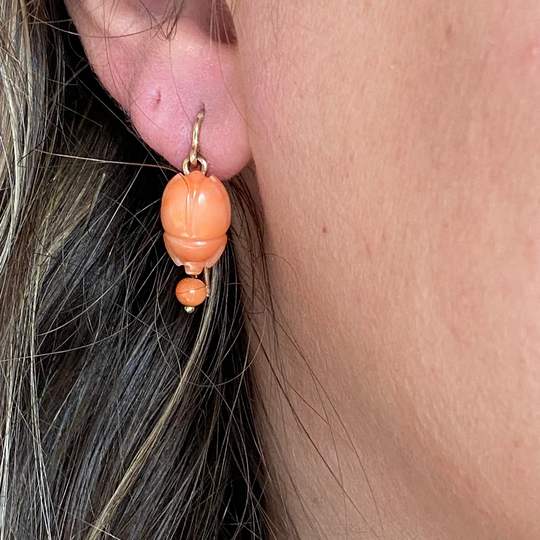Antique Coral Scarabs Circa 1880, With Handmade Contemporary Ear Wires