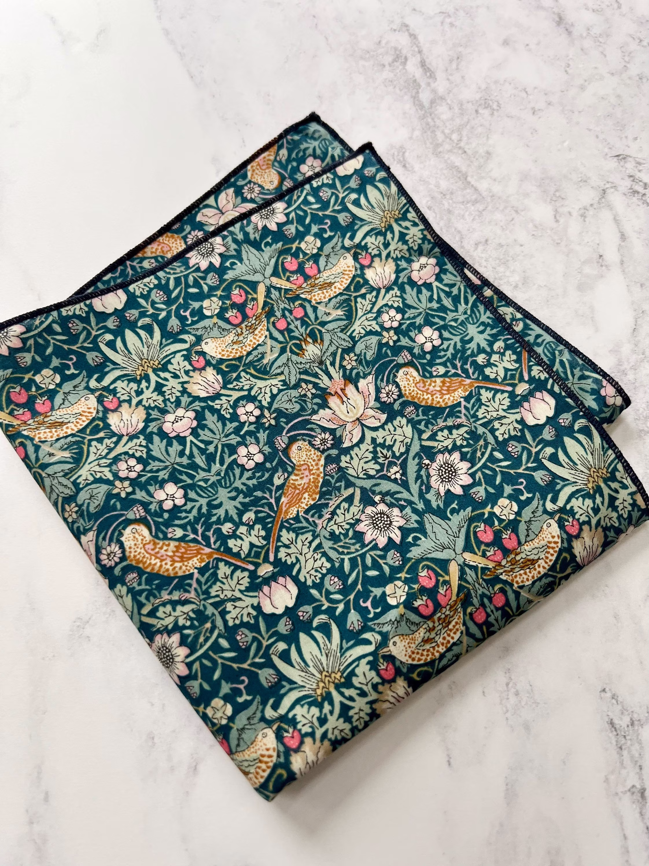 Liberty London Strawberry Theif Pocket Square. Duck Egg Square, William Morris Thief, Groom Accessory, Bird Print Square