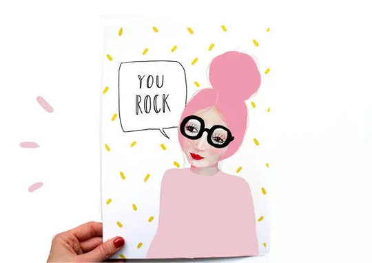 A4 Print You Rock - Of Original Painting Pink Face Wall Art Decoration Print Artwork Yellow Modern Dots 340Gsm Poster
