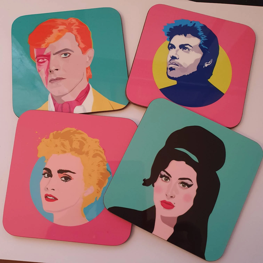 Music Icon Coaster Set Madonna George Michael David Bowie Amy Winehouse Singers Giftset Coaster Gifts Pop Music Christmas Birthday Coasters