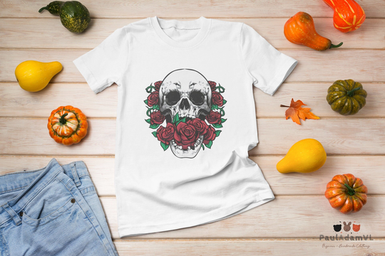Skull & Red Roses Skeleton Gothic Hipster Novelty T-Shirt, Shirt, Halloween Sugar Shirt