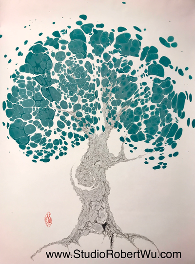 Peacock Tree - Hand Marbled Graphics By Robert Wu, Original Marbling Art/Paper