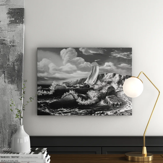Sailing Boat in Stormy Seas Graphic Art Print on Canvas
