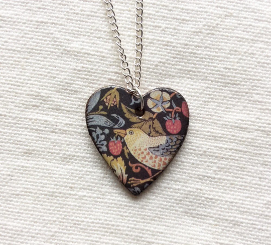 Ceramic, Handmade Pendant Necklace, William Morris, Strawberry Thief Design, Bird Necklace, Mother's Day Gift