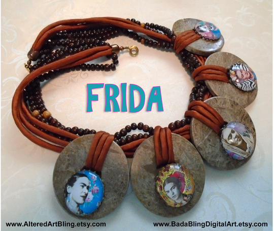 Frida Statement Necklace, Ooak Altered Art Frida Necklace, Gift Boxed, Free Usa Shipping, 5 Gemstones & Silk Cords Mixed With Wood Beads