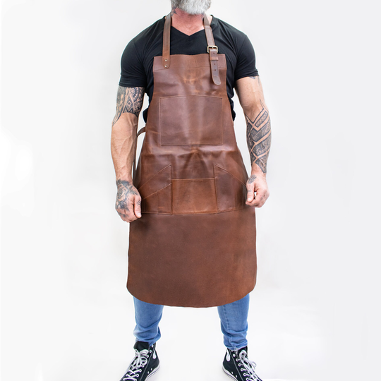 Long Distressed Multi-Pocket Leather Apron - Brown Full Grain Butchers For Hobbyists Woodwork Blacksmith With Pockets
