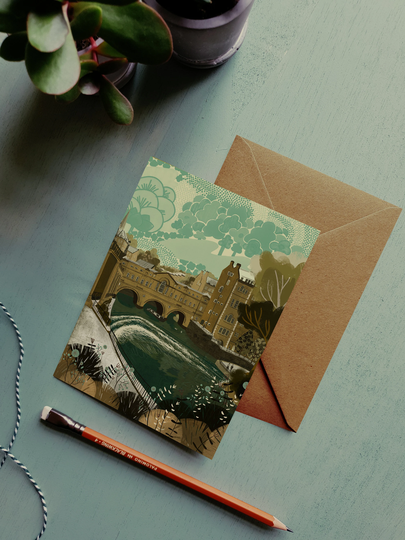 Christmas Bath Pulteney Bridge Frost Snow Illustration Greeting Card Set