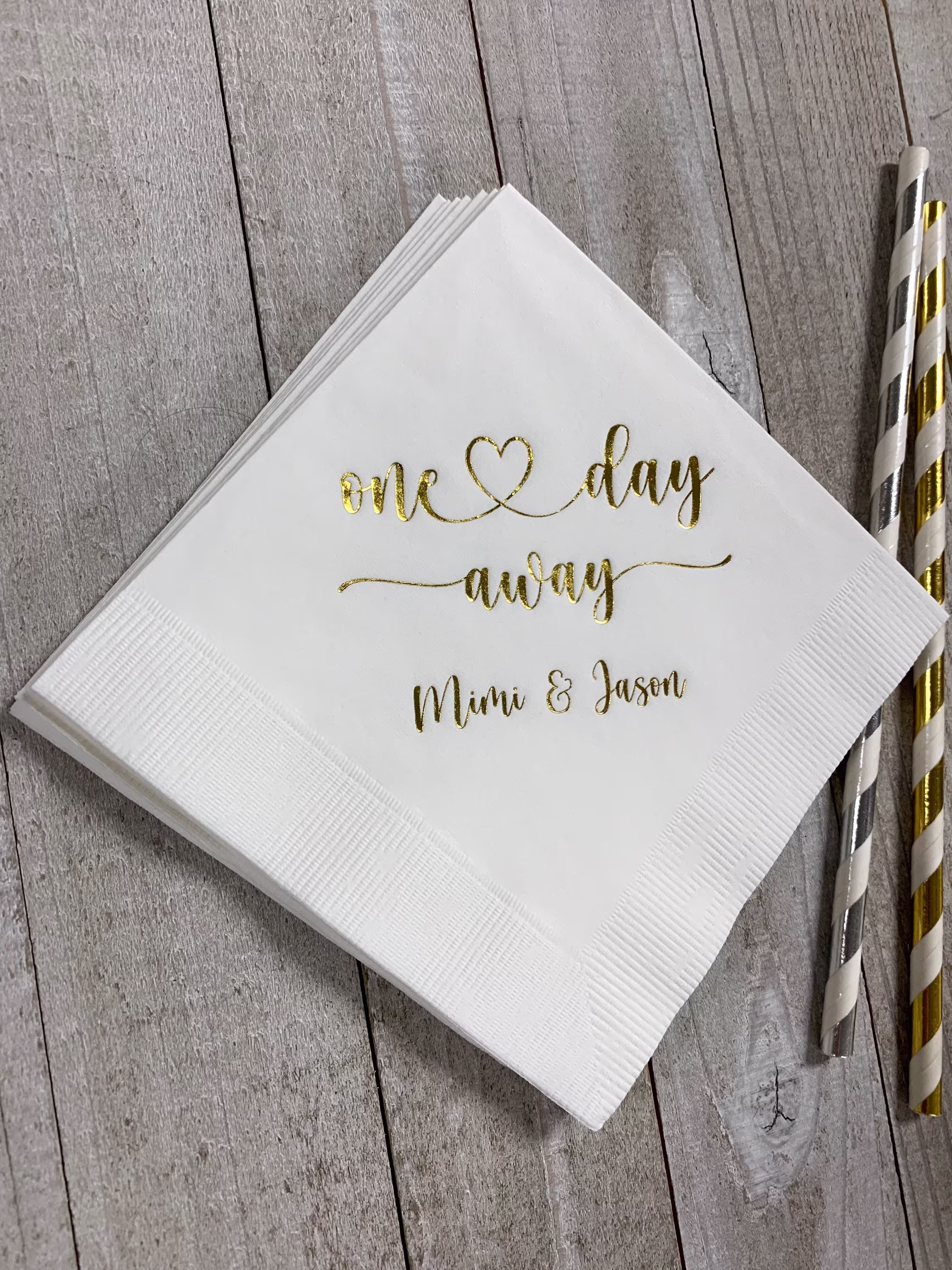 Personalized Rehearsal Napkins Custom Printed One Day Away Beverage Cocktail Luncheon Dinner Guest Towel Imprinted Foil Stamped