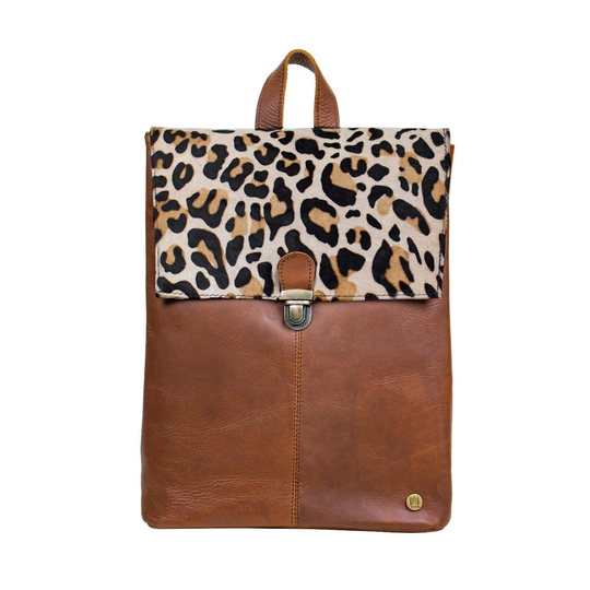 15 Inch Laptop Capacity Vintage Brown Leather & Leopard Print Cowhide College Backpack | Yale Rucksack With Pony Hair For Her