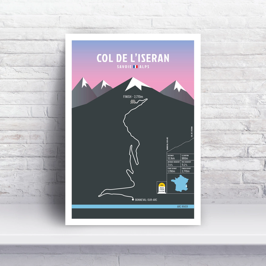 Col De L'iseran Print From North Bonneval-Sur-Arc, South Bourg St Maurice Or Lanslebourg, French Alps Cycling Poster