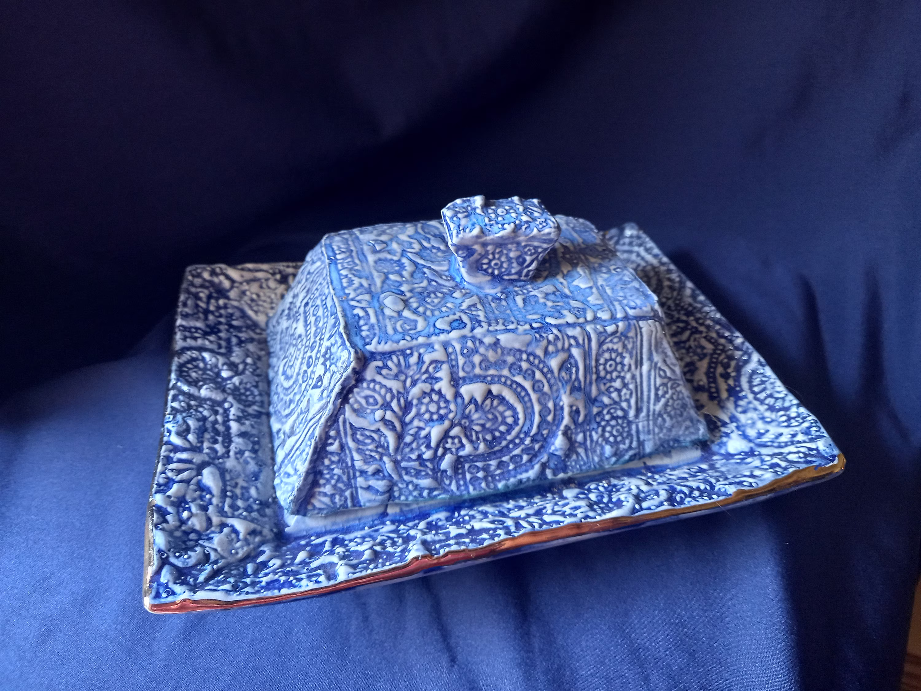 Butter Dish, Studio Pottery, Blue Ceramic, Vintage Collectible Signed Mark Haillay, Gift
