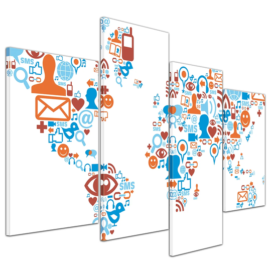 World Map Social Media Pictograms 4-Piece Graphic Art on Canvas Set