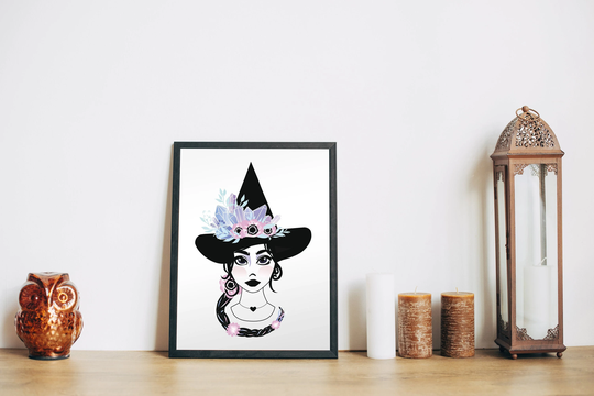 Crystal Witch Art Print, Glossy Shiny Illustration, With Crystals Kids Wall Decor, & Her Flower Hat Print