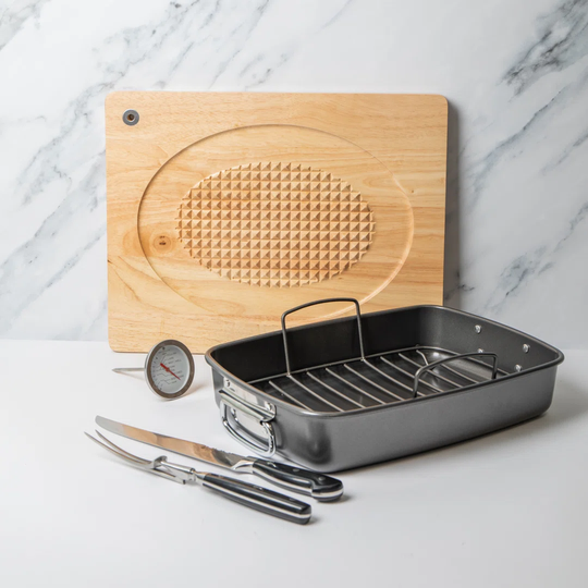 MasterClass Roasting Pan with Rack, Two Piece Carving Set, Carving Board & Thermometer