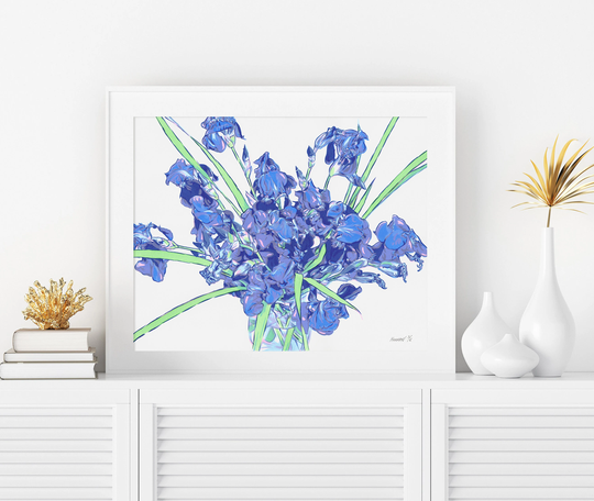 Iris Painting Birth Flower Original Art Floral Wall Blue Bouquet Artwork Simple Colorful Graphic 16 By 20 Above Sofa Komarov