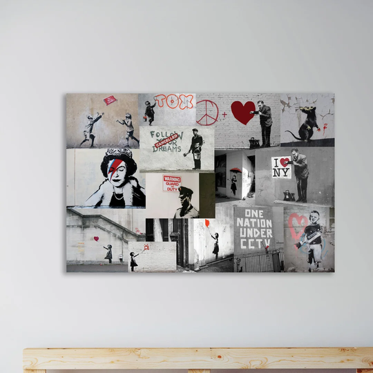 Red Collage by Banksy - Wrapped Canvas Graphic Art Print