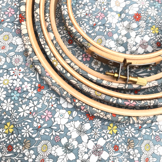 3 - 5 Inch, Grey June's Meadow Tana Lawn™ Cotton Covered Embroidery Hoop. Liberty's Of London, Fabric Wrapped