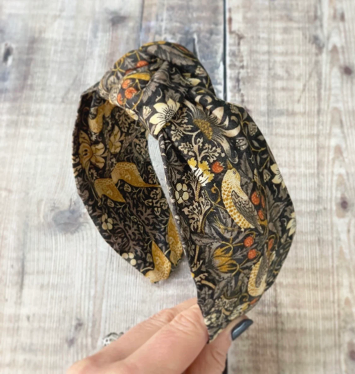 strawberry Thief Knotted Hair Band, William Morris Hair Accessories, Turban Alice Band, Black Gifts