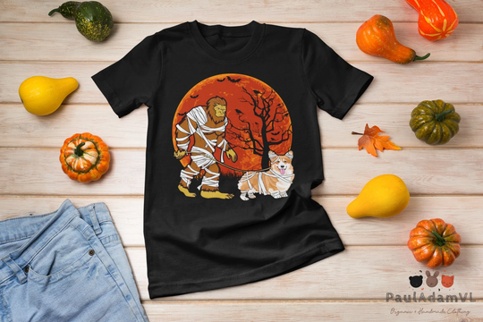 Bigfoot & Corgi - Halloween Mummy Costume T-Shirt, Day Shirt, Animal Lover Shirt