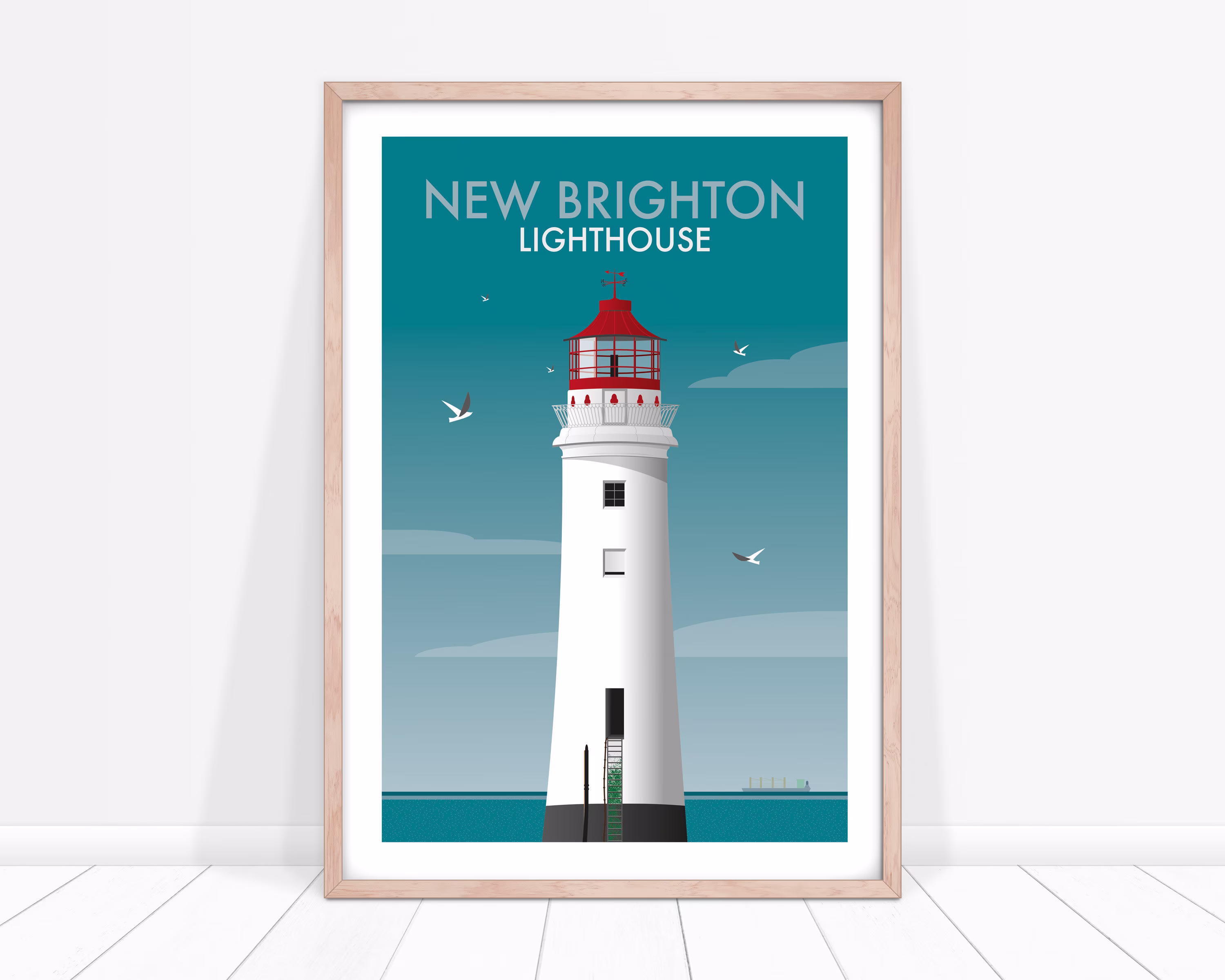 New Brighton Lighthouse Art Print, Perch Rock Wirral Lighthouse, White Teal A4 A3 Print