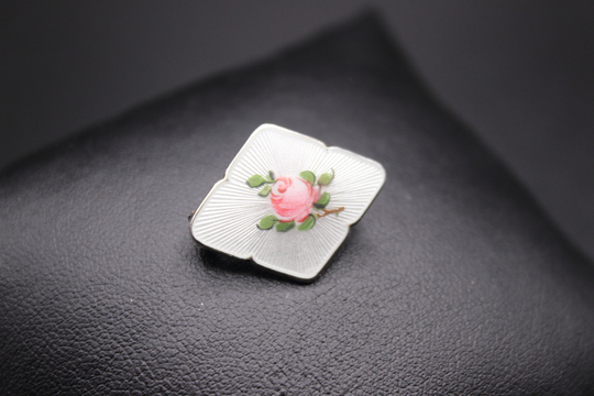Olaf Fridtjof Hjortdahl Brooch - A Norwegian Sterling Silver & Guilloche Enamel Featuring A Delicate Pink Rose Free Delivery