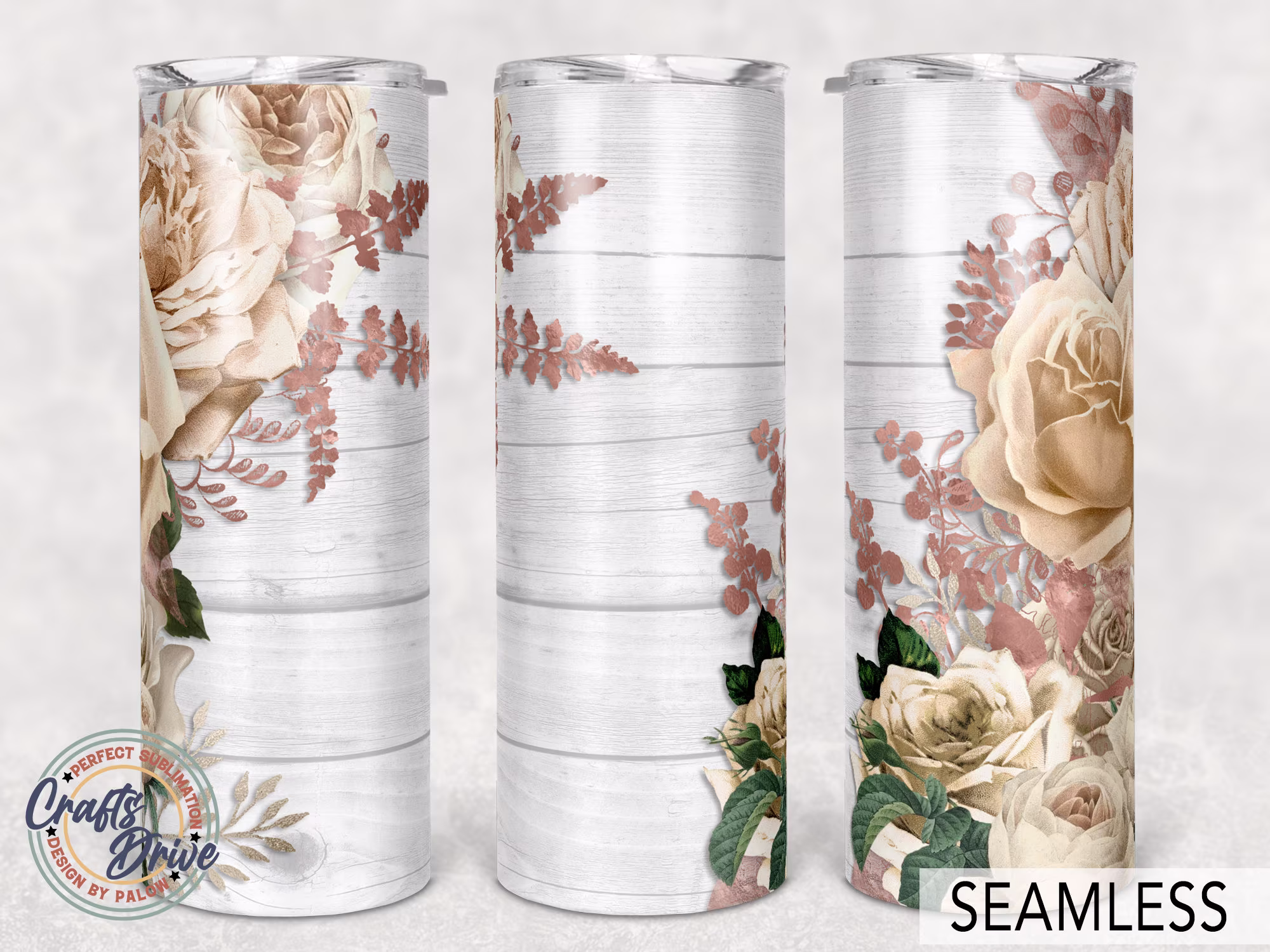Ivory Gold Rose, Floral Tumbler, Flower Wood Grain, Png Sublimation Collage 20Oz Skinny Tapered, Straight Full Wrap