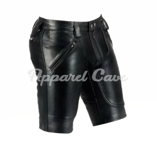 Men Saddle Seat Real Sheepskin Black Leather Shorts