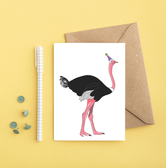 Birthday Card - Hand Drawn Card Illustration Ostrich Kids Birthday Animal Bird in A Hat Tropical Celebration Party