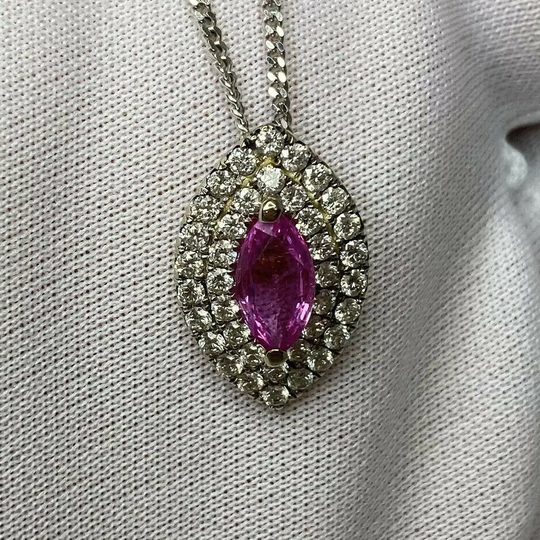 Vivid Pink Sapphire & Diamond 18K White Gold Marquise Pendant Necklace 2.26Tcw