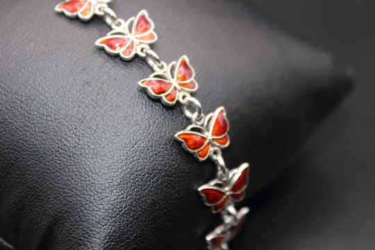 Vintage Danish Bracelet | Volmer Bahner Sterling Silver Red Guilloche Enamel Butterfly Design Mcm Mid-Century Free Shipping