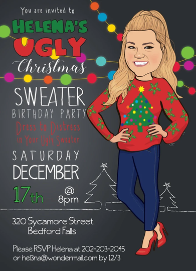 Woman's Ugly Christmas Sweater Party Invitation - Illustrated From Your Photo Digital File