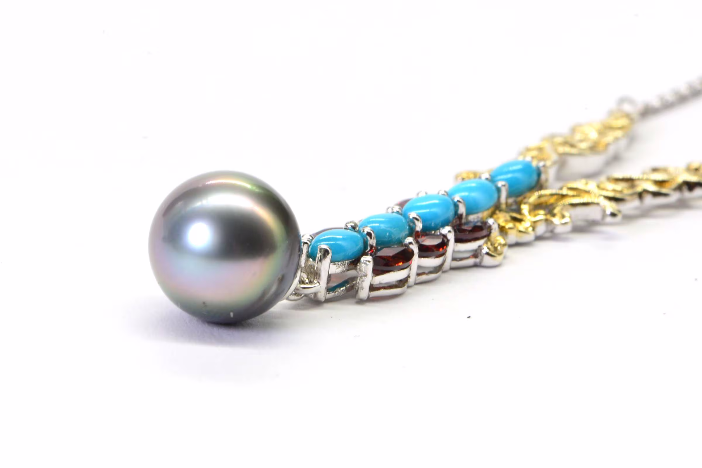 Tahitian Cultured Black Pearl Arizona Turquoise Sleeping Beauty Garnet Multi Gemstone Necklace