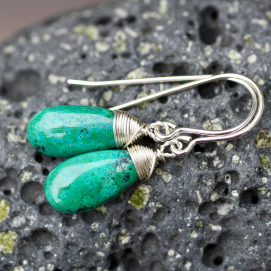 Wire Wrapped Natural Chrysocolla Earrings Sterling Silver , 7Th Anniversary Healing Gem Wedding Bridal