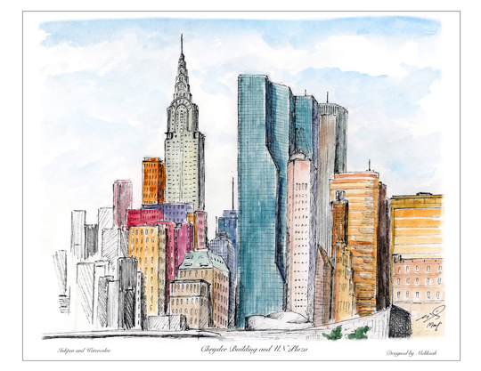 Chrysler Building & Un Plaza , Wall Decor, Print, Water Color, Awarded Artist Meliksah