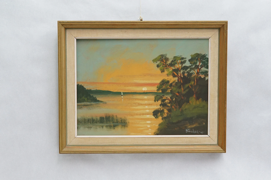 38x47 Signed Mid Century Oil On Board Landscape Framed Scandinavian 70S Colorfull Wall Hanging Graphic Art Mcm