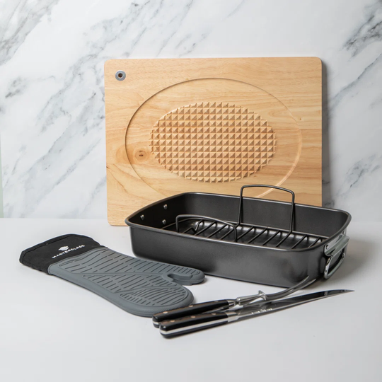 MasterClass Roasting Pan with Rack, Carving Set, Carving Board & Waterproof Silicone Oven Gloves