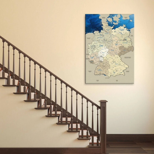 Map of Germany Graphic Art Print on Canvas in Blue/Beige