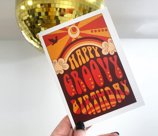 Happy Groovy Birthday Card, Retro Art, Funky Greeting Vintage Cards, Midcentury Graphic Art Print