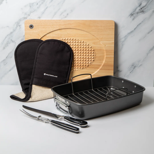 MasterClass Roasting Pan with Rack, Two Piece Carving Set, Carving Board & Double Oven Glove