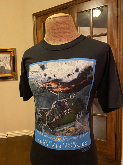 Vintage 80S Usaaf Ww2 B-25 Fighter Jet Airborne Army Huge Graphic Art Print Soft Thin Tee T Shirt