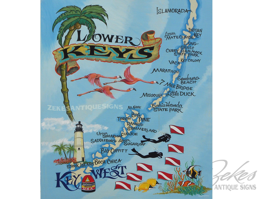 Key West Retro Beach Style Map Print | Florida Art Travel Wall Decor Largo Gift Her Diver