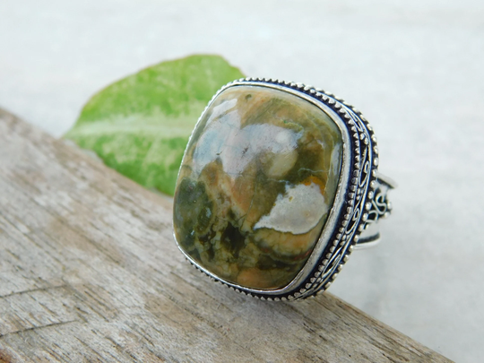 Sterling Silver Rhyolite Gemstone Ring, Green Jasper Handmade Rainforest Stone Gift For Her, Rainforest Ring, Nj180