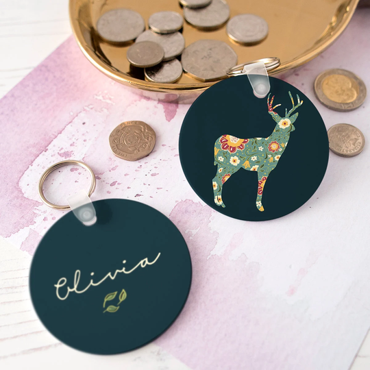 stag Silhouette Keyring, Personalised Deer Print Keyring