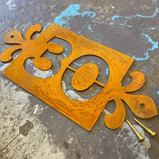 Fleur De Lys Corten Steel House Number, Rusty Metal Signs & Numbers - Weathered Fleur Lis Styling