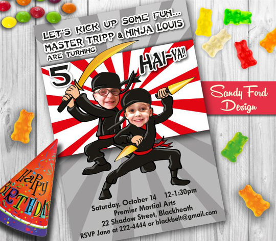 Ninja Birthday Party Invitation For Two Boys Or Twins - Personalized From Your Photo Digital File